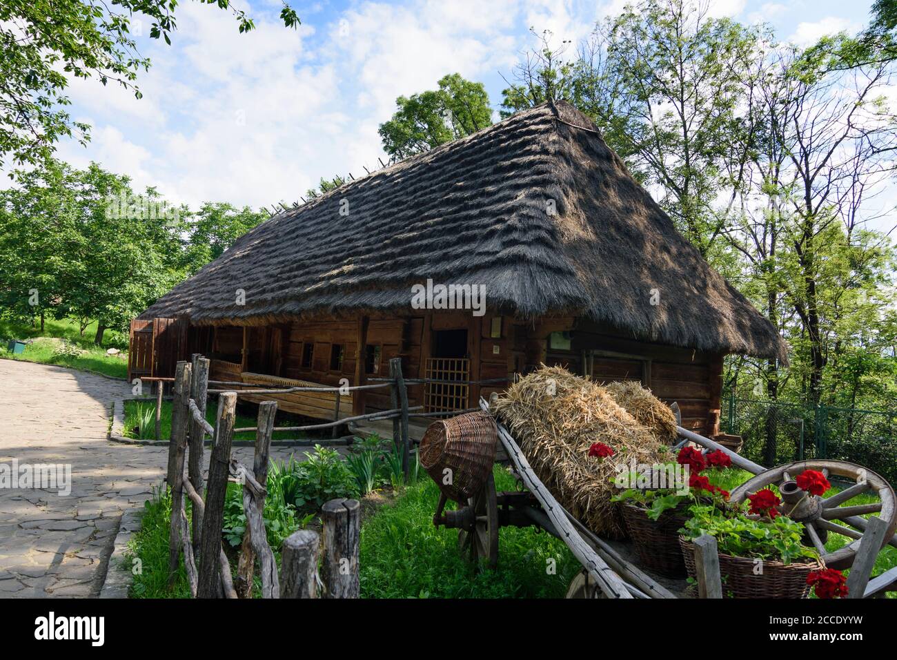 Uzhhorod, Ungwar, Museum of Folk Architecture and Life, traditional house from villages across Zakarpattia (Carpathian Mountains) in Transcarpathian O Stock Photo