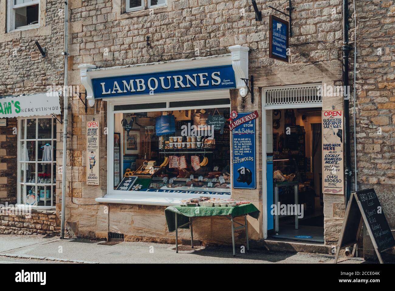Stow-on-the-Wold, UK - July 10, 2020: Facade of Lambournes butcher shop in Stow-on-the-Wold, a market town in Cotswolds, UK, built on Roman Fosse Way. Stock Photo