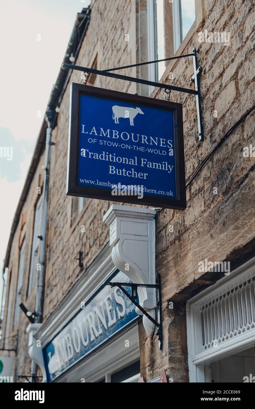 Stow-on-the-Wold, UK - July 10, 2020: Sign outside Lambournes butcher shop in Stow-on-the-Wold, a market town in Cotswolds, UK, built on Roman Fosse W Stock Photo
