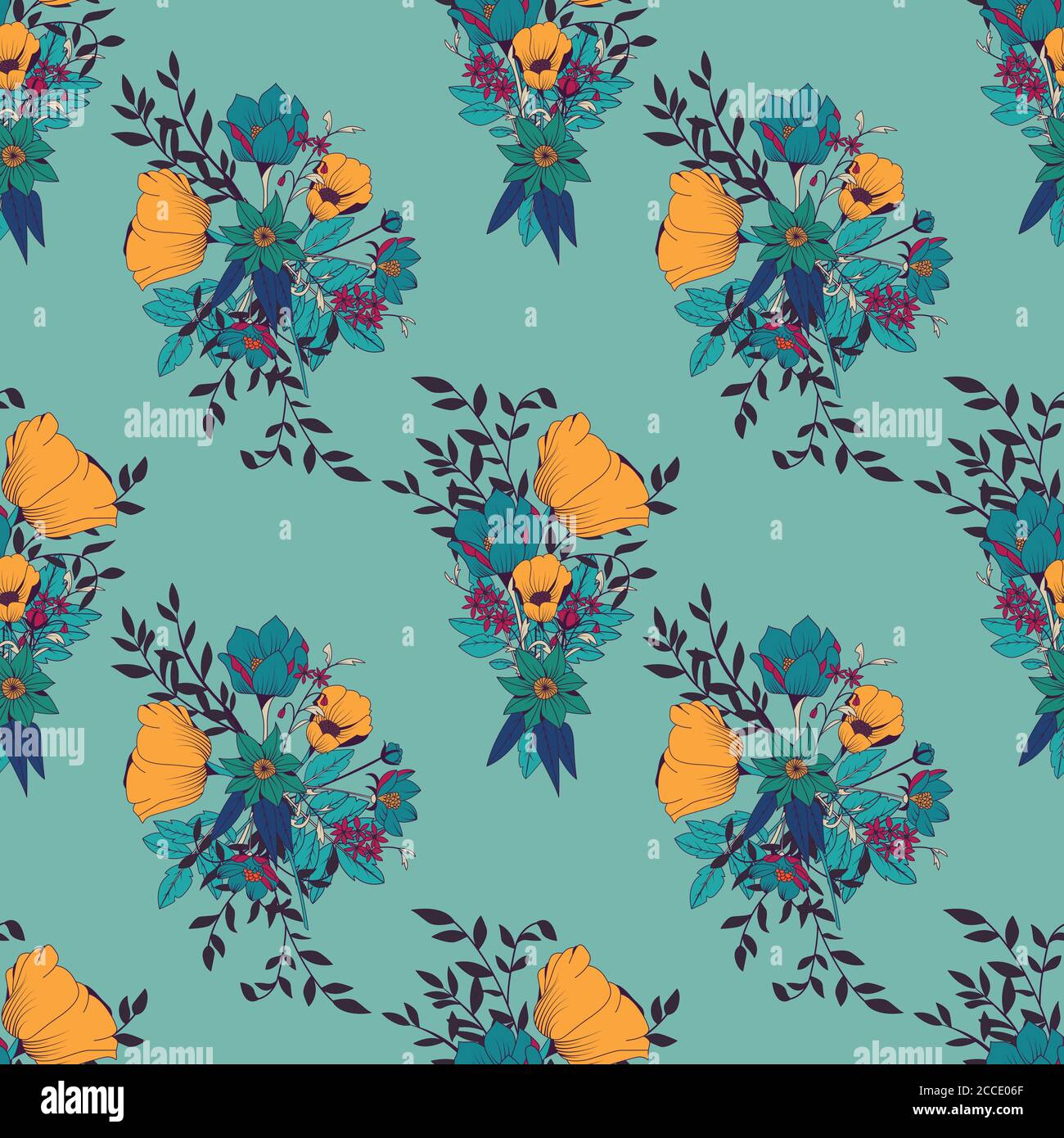 Seamless pattern design with hand drawn flowers and floral elements ...