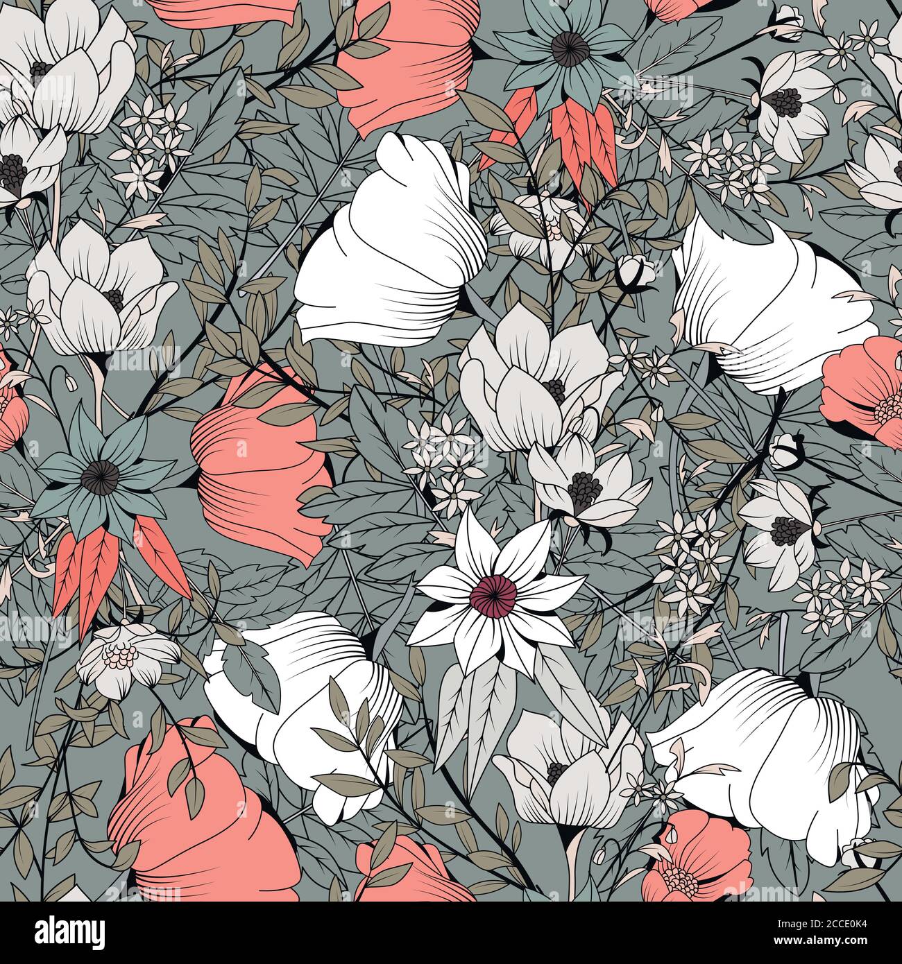 Seamless pattern design with hand drawn flowers and floral elements ...