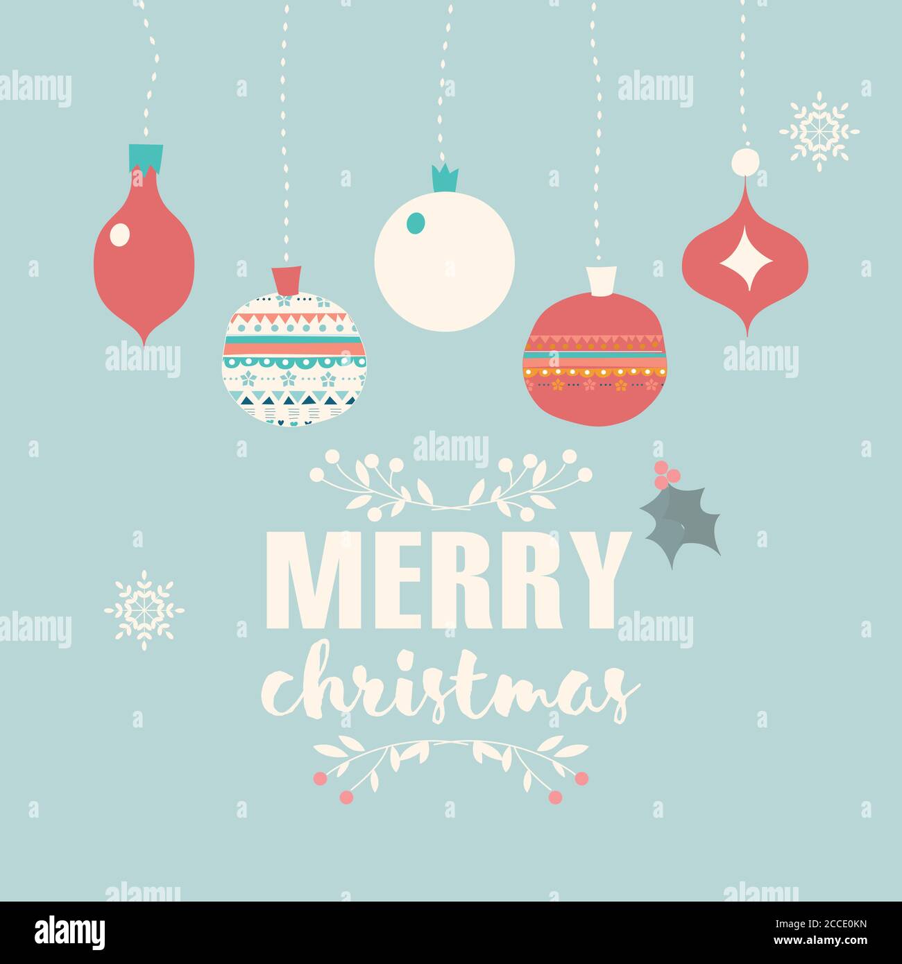 Merry Christmas postcard with balls decoration, snowflakes and flowers ...
