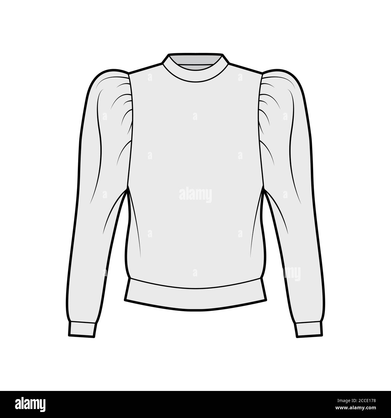 Cotton-jersey sweatshirt technical fashion illustration with relaxed fit, crew neckline, gathered, puffy long sleeves. Flat jumper apparel template front grey color. Women, men, unisex top CAD mockup Stock Vector
