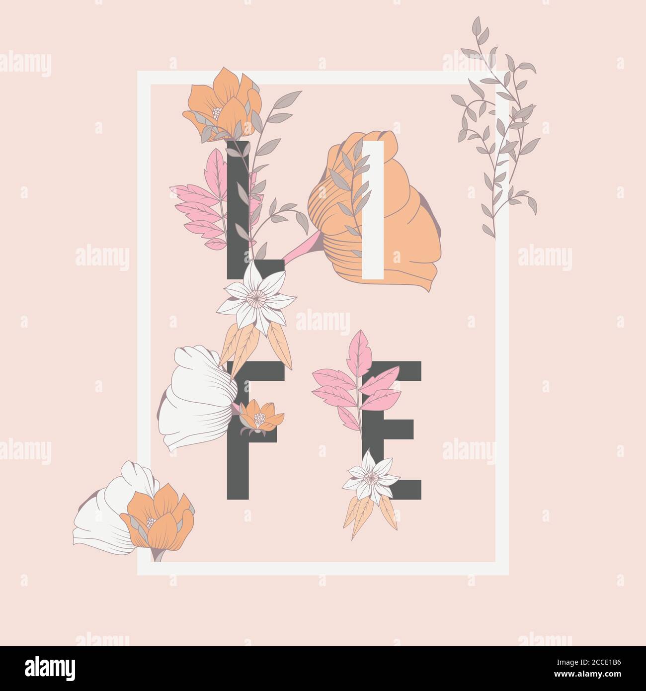 Flowers typography poster design, text and florals combined, hand drawn