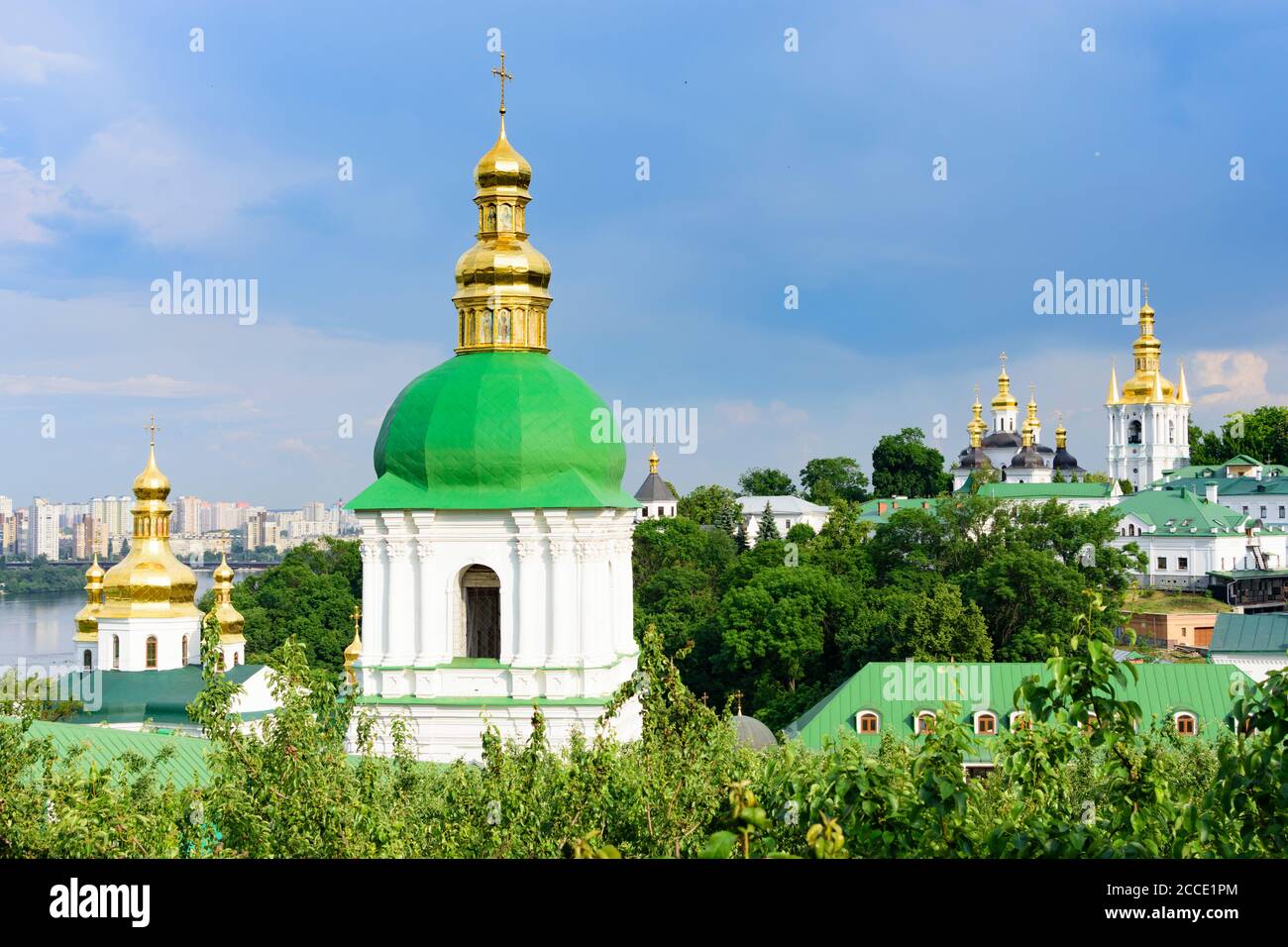 Kiev (Kyiv), churches at Lower Lavra, Pechersk Lavra (Monastery of the Caves), historic Orthodox Christian monastery, river Dnipro (Dnieper), apartmen Stock Photo