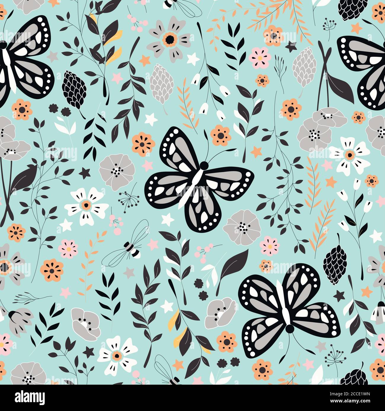Seamless pattern with flowers, floral elements and butterflies, nature ...
