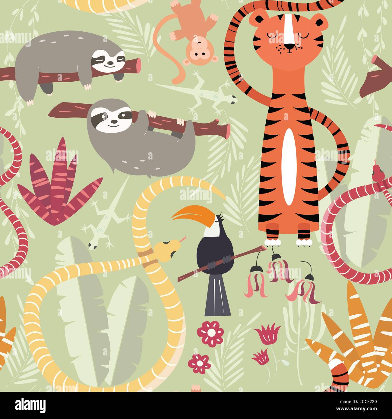 Seamless pattern with cute rain forest animals, tiger, snake, sloth, vector illustration Stock Vector