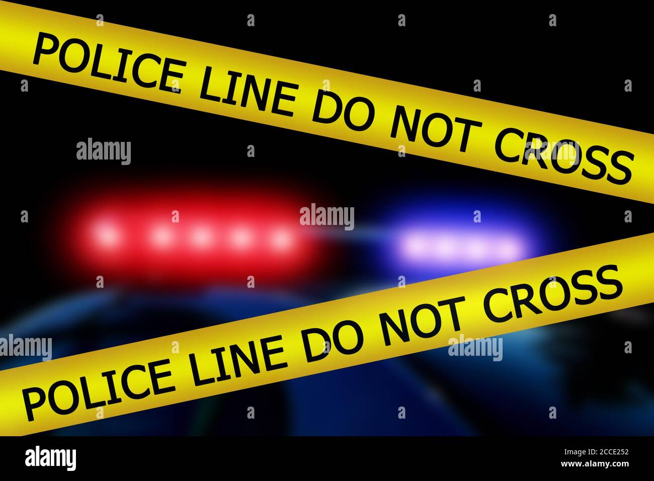 Red and blue lights of police car. Yellow police tape with text: police line do not cross. Scene of an accident or crime Stock Photo