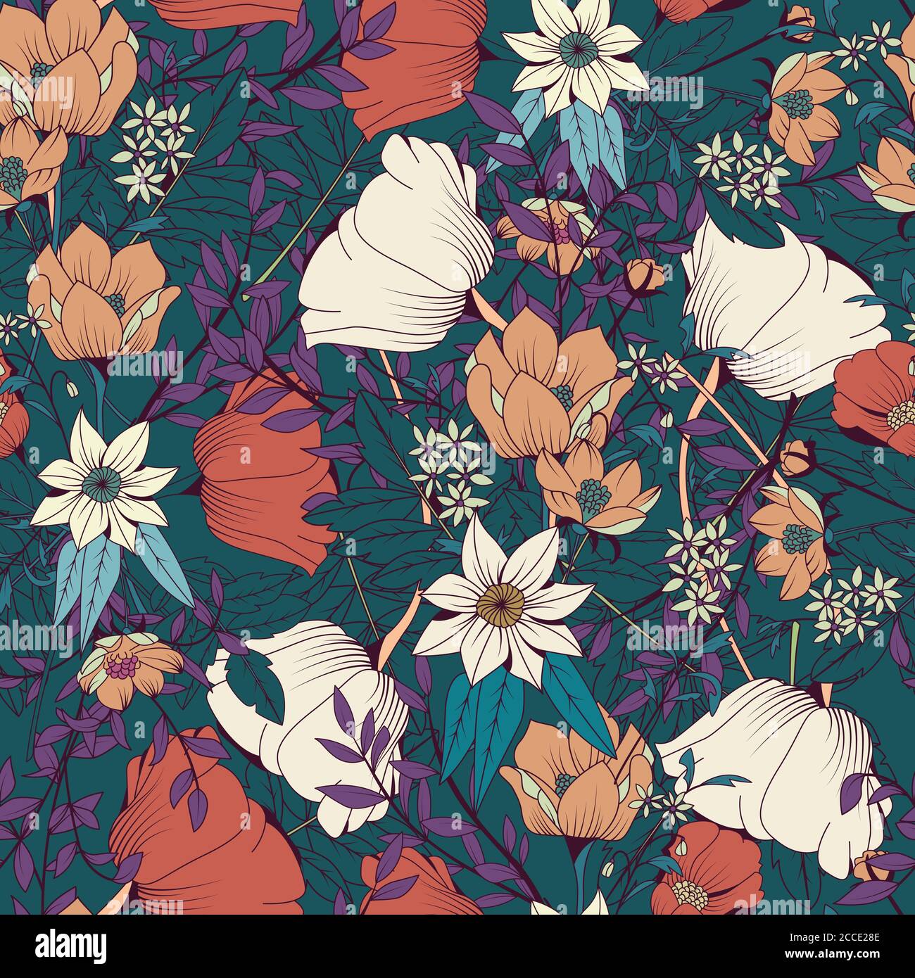 Seamless pattern design with hand drawn flowers and floral elements ...