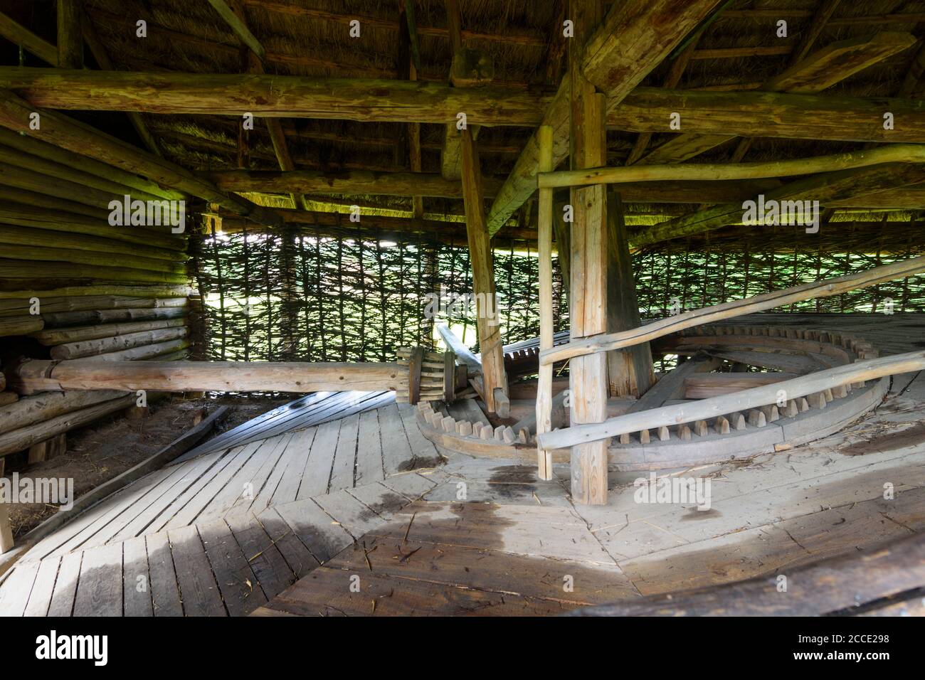 Kiev (Kyiv), Museum of Folk Architecture and Folkways of Ukraine in Pyrohiv, 'Kruporushka' groat mill, used for buckwheat processing with a horse-driv Stock Photo