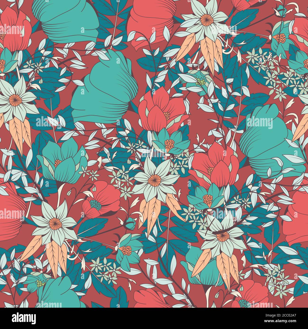 Seamless pattern design with hand drawn flowers and floral elements ...