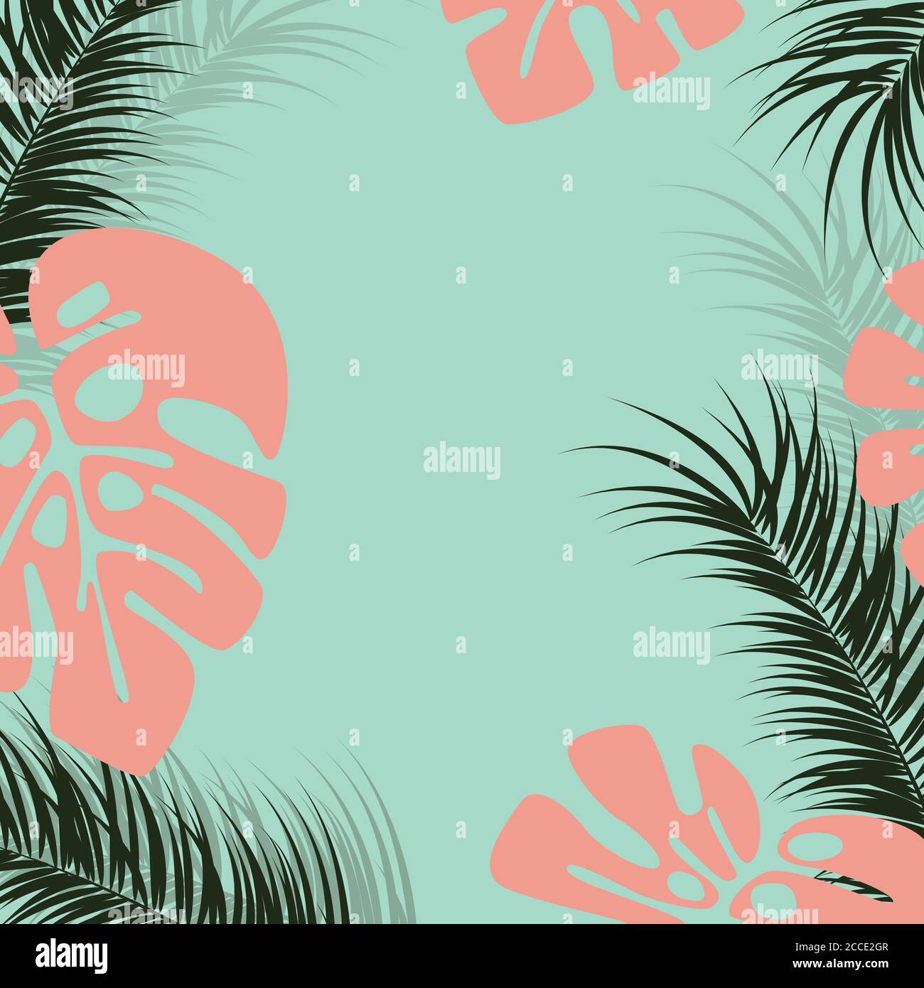 Tropical design with monstera palm leaves and plants on green ...