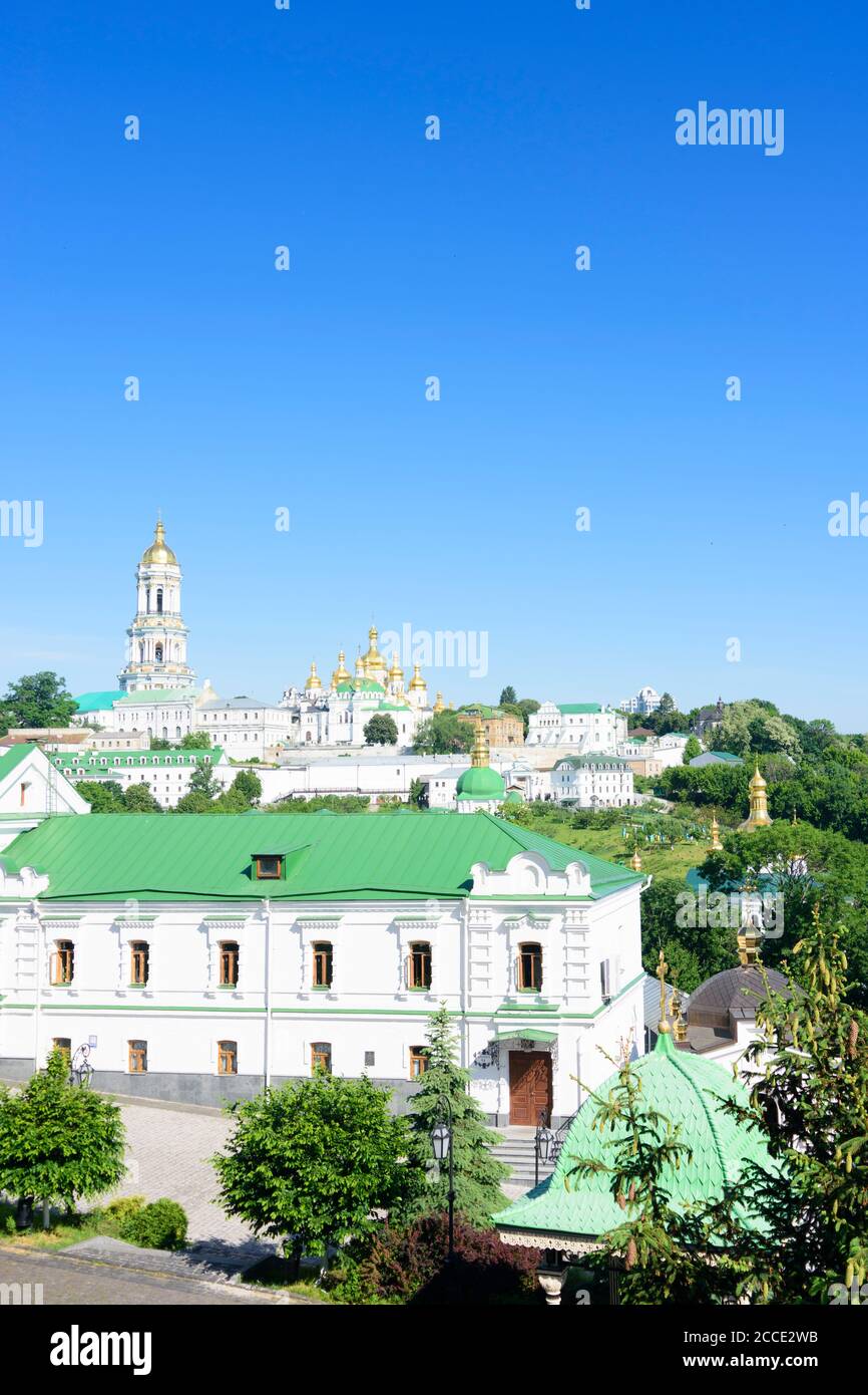 Kiev (Kyiv), Great Lavra Belltower, Dormition Cathedral (right), view from Lower Lavra, at Pechersk Lavra (Monastery of the Caves), historic Orthodox Stock Photo