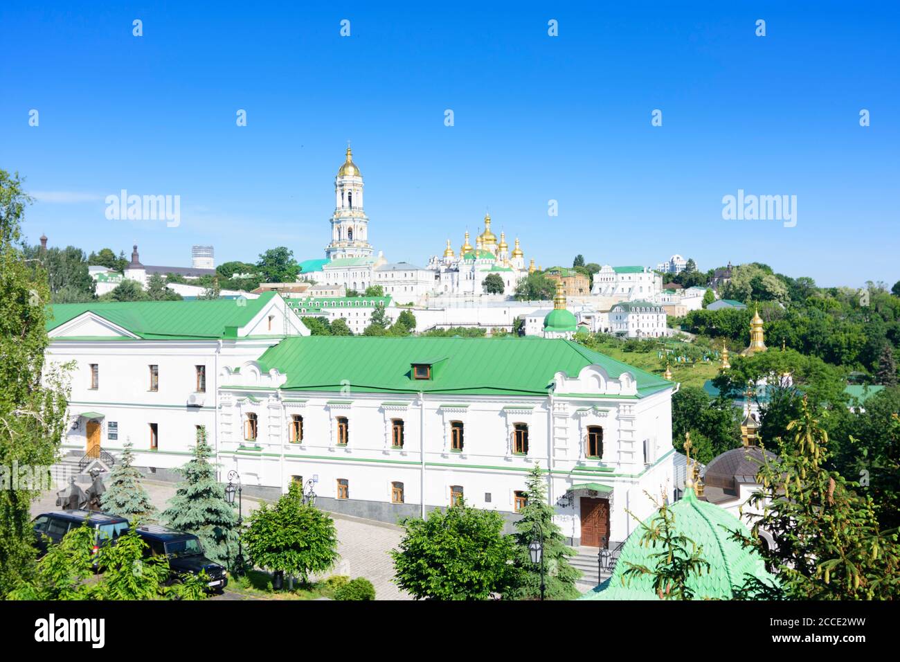 Kiev (Kyiv), Great Lavra Belltower, Dormition Cathedral (right), view from Lower Lavra, at Pechersk Lavra (Monastery of the Caves), historic Orthodox Stock Photo