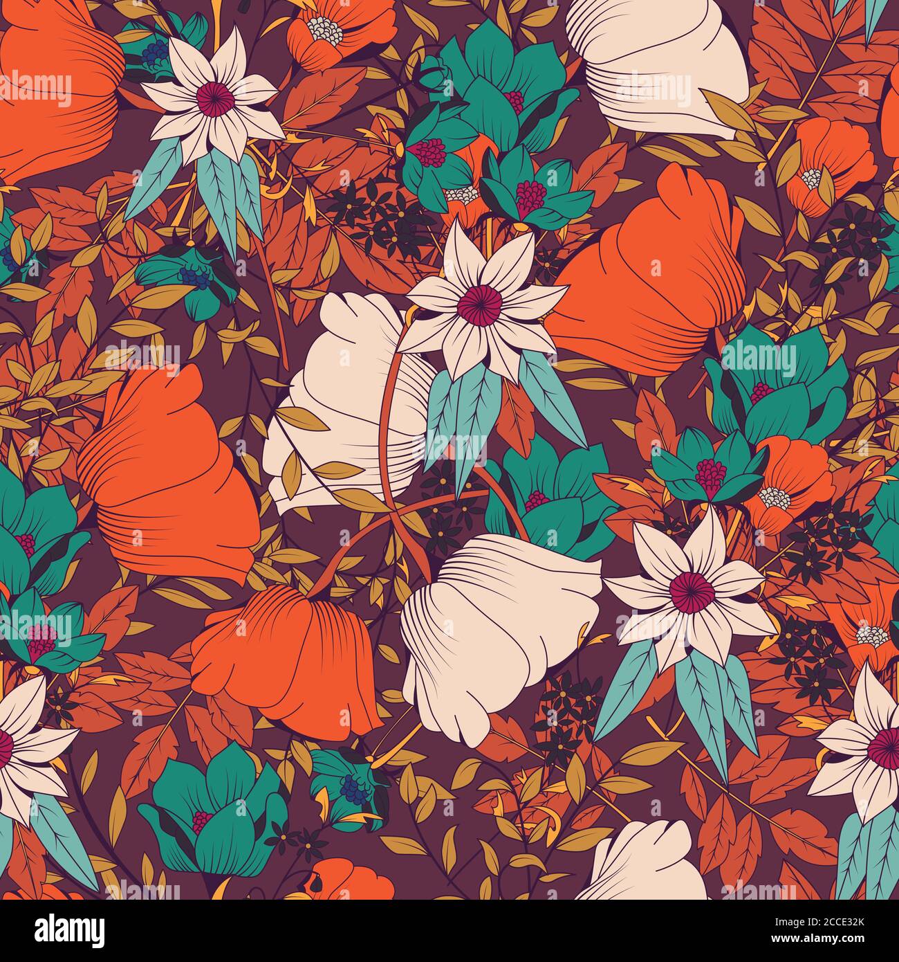 Seamless pattern design with hand drawn flowers and floral elements ...