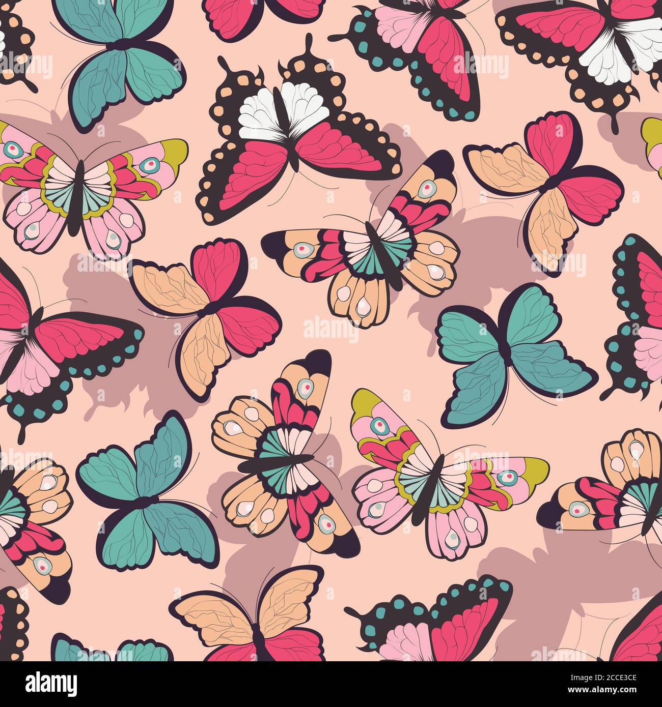 Seamless vector pattern with hand drawn colorful butterflies, vector ...