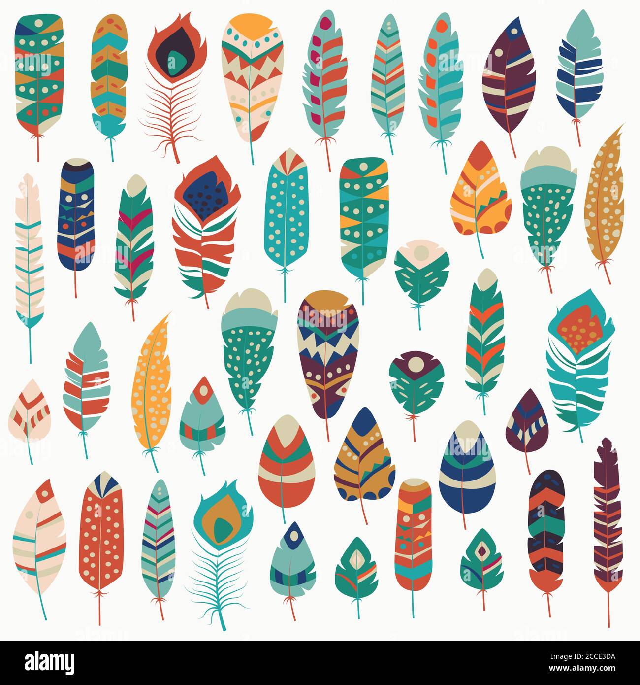 Collection of boho vintage tribal ethnic hand drawn colorful feathers ...