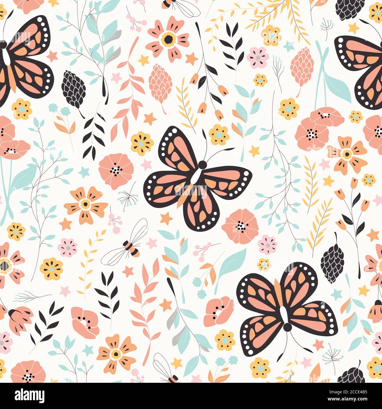 Seamless pattern with flowers, floral elements and butterflies, nature ...