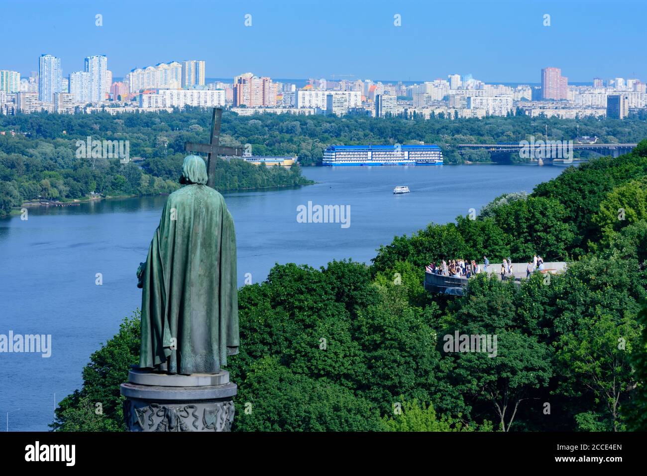 Kiev (Kyiv), Saint Vladimir Monument, Volodymyrska Hill or Saint Volodymyr Hill, river Dnipro (Dnieper), newly built quarters, residential highrise in Stock Photo