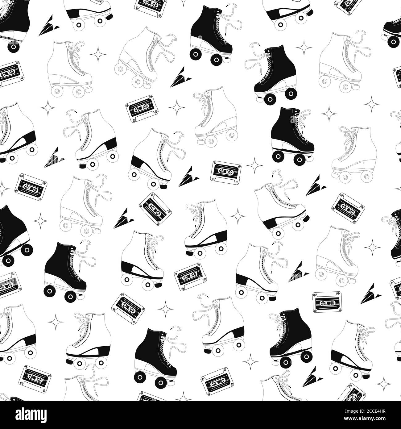 Seamless pattern with roller skates and cassette tapes. Retro hand drawn laced boots, black and white vector illustration Stock Vector