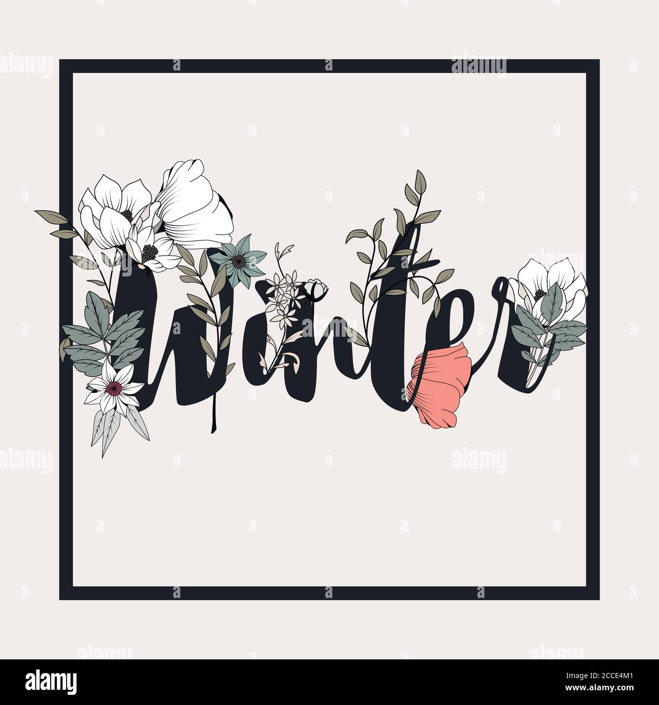 Flowers typography poster design, text and florals combined, hand drawn