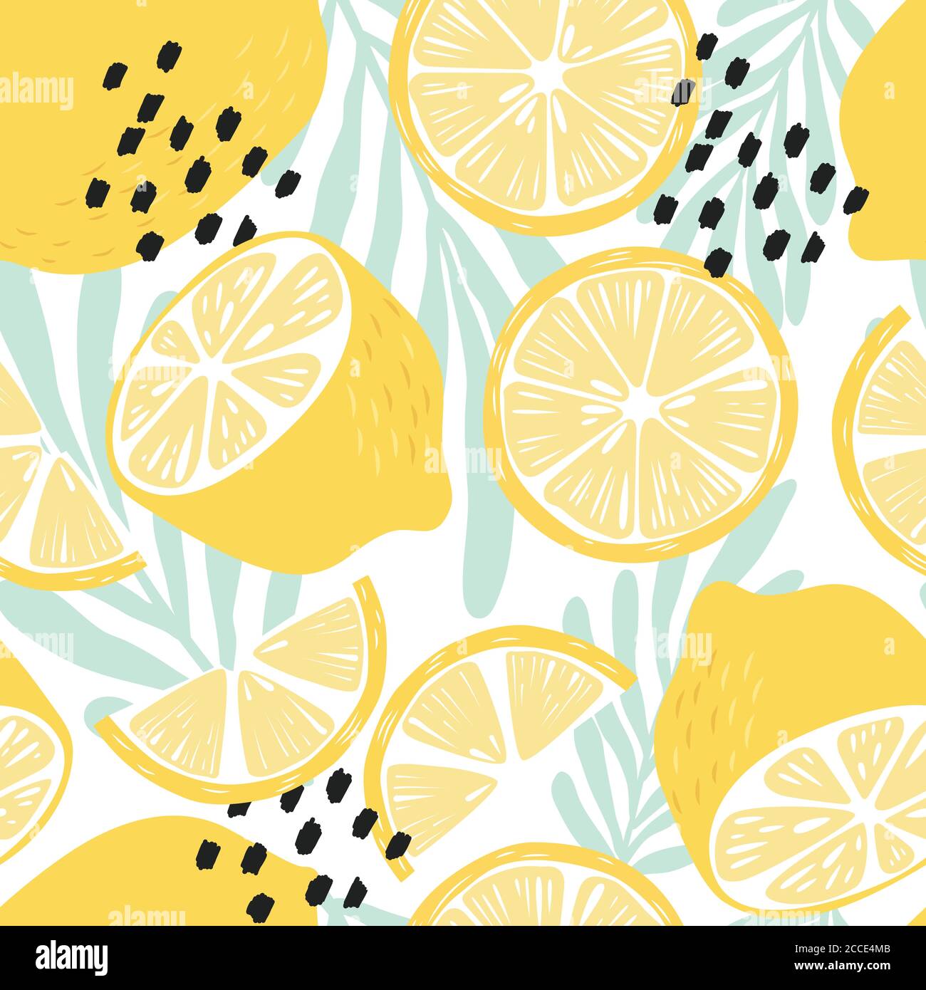 Fruit seamless pattern, lemons on white background with tropical leaves ...