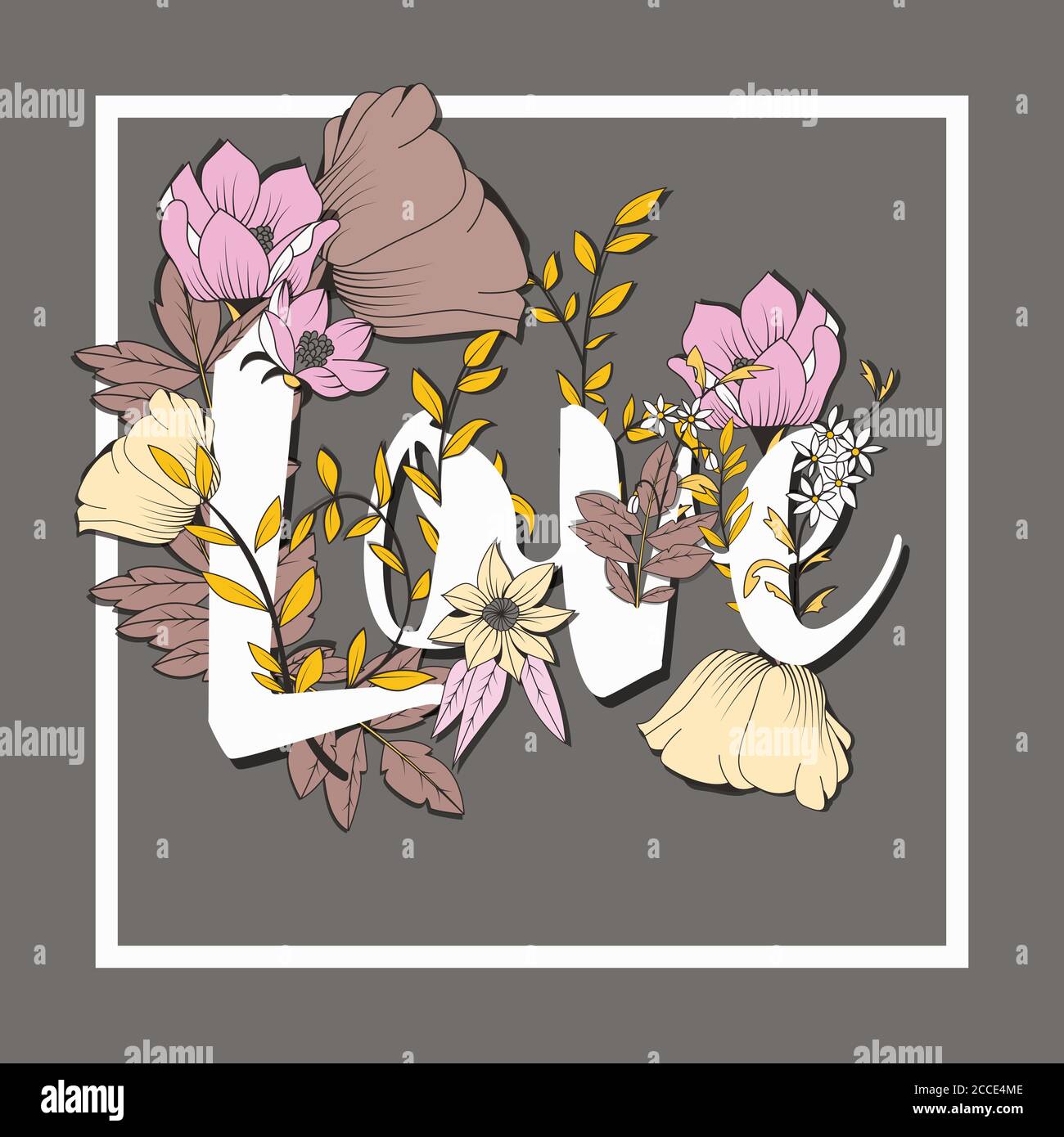 Flowers typography poster design, text and florals combined, hand drawn