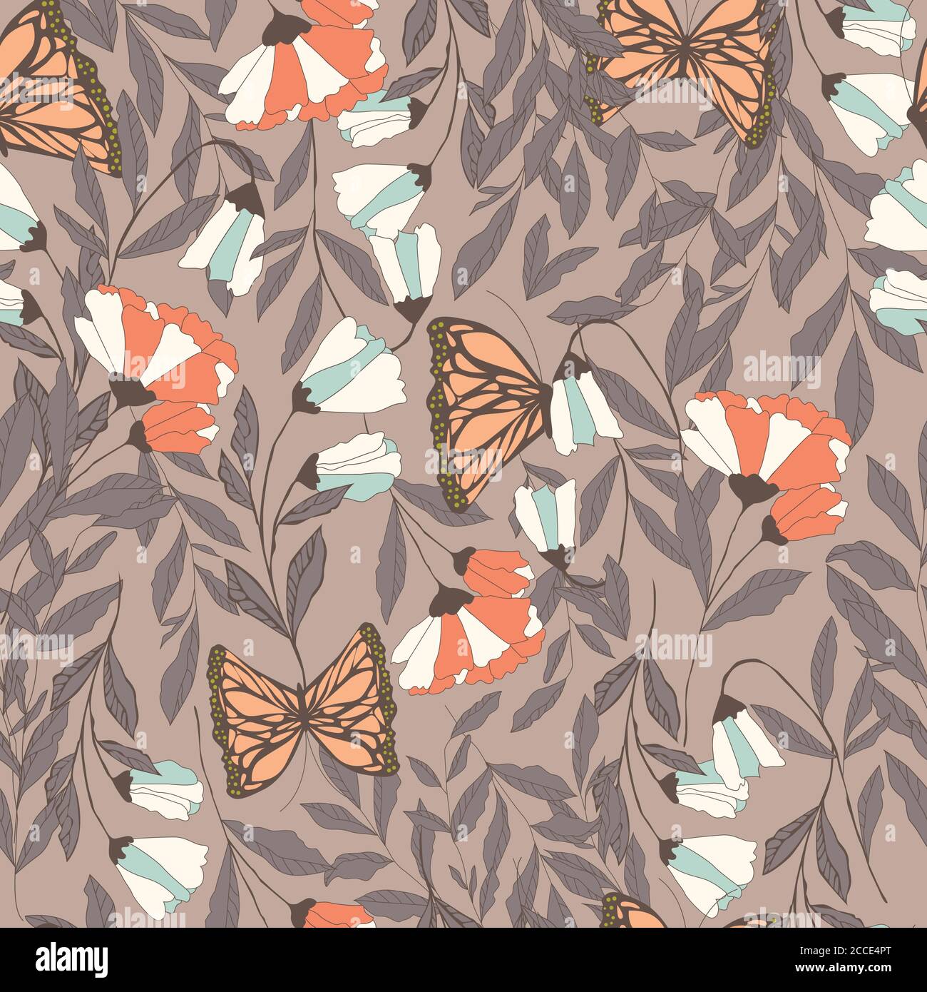 Vector traditional seamless pattern with Monarch butterflies, floral ...