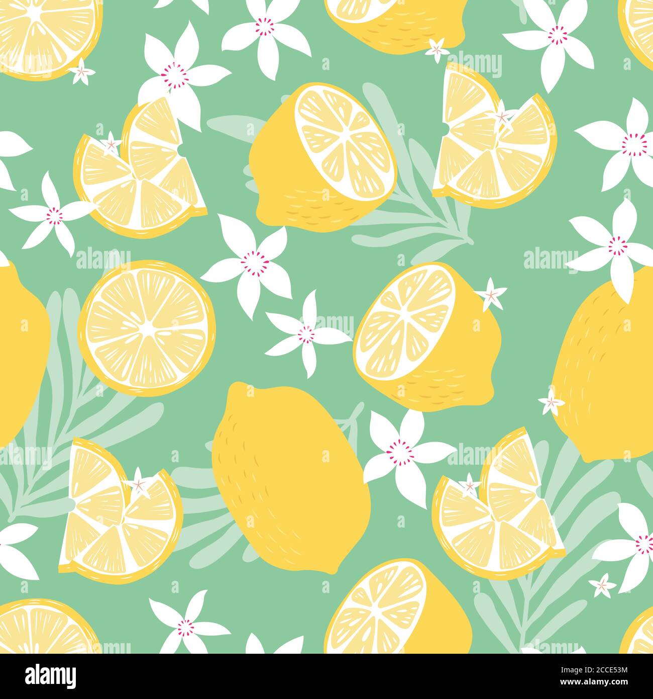 Fruit seamless pattern, lemons with tropical leaves and flowers on ...