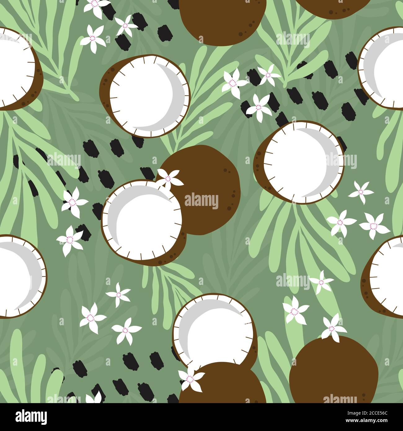 Fruit seamless pattern, coconut with tropical leaves, flowers and ...