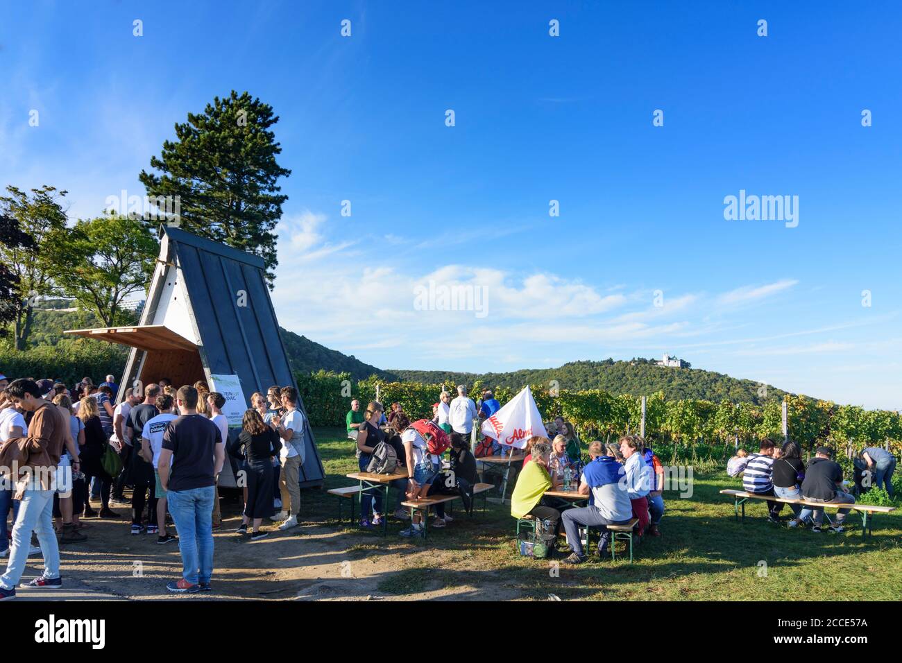 Vienna, people at Weinwandertag (wine hiking day) Wien, vineyard, wine refreshment station, view to church at mountain Leopoldsberg in 19. Döbling, Wi Stock Photo