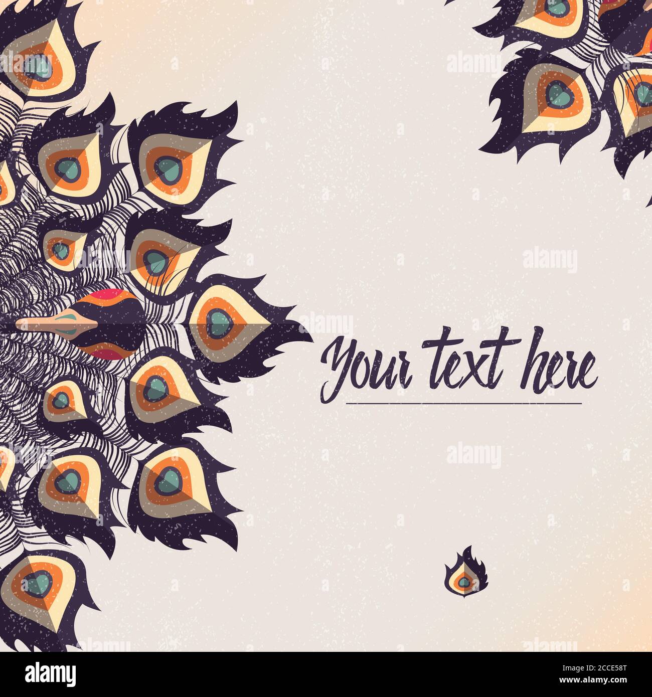 Template card with peacock colorful feathers and place for text, vector ...