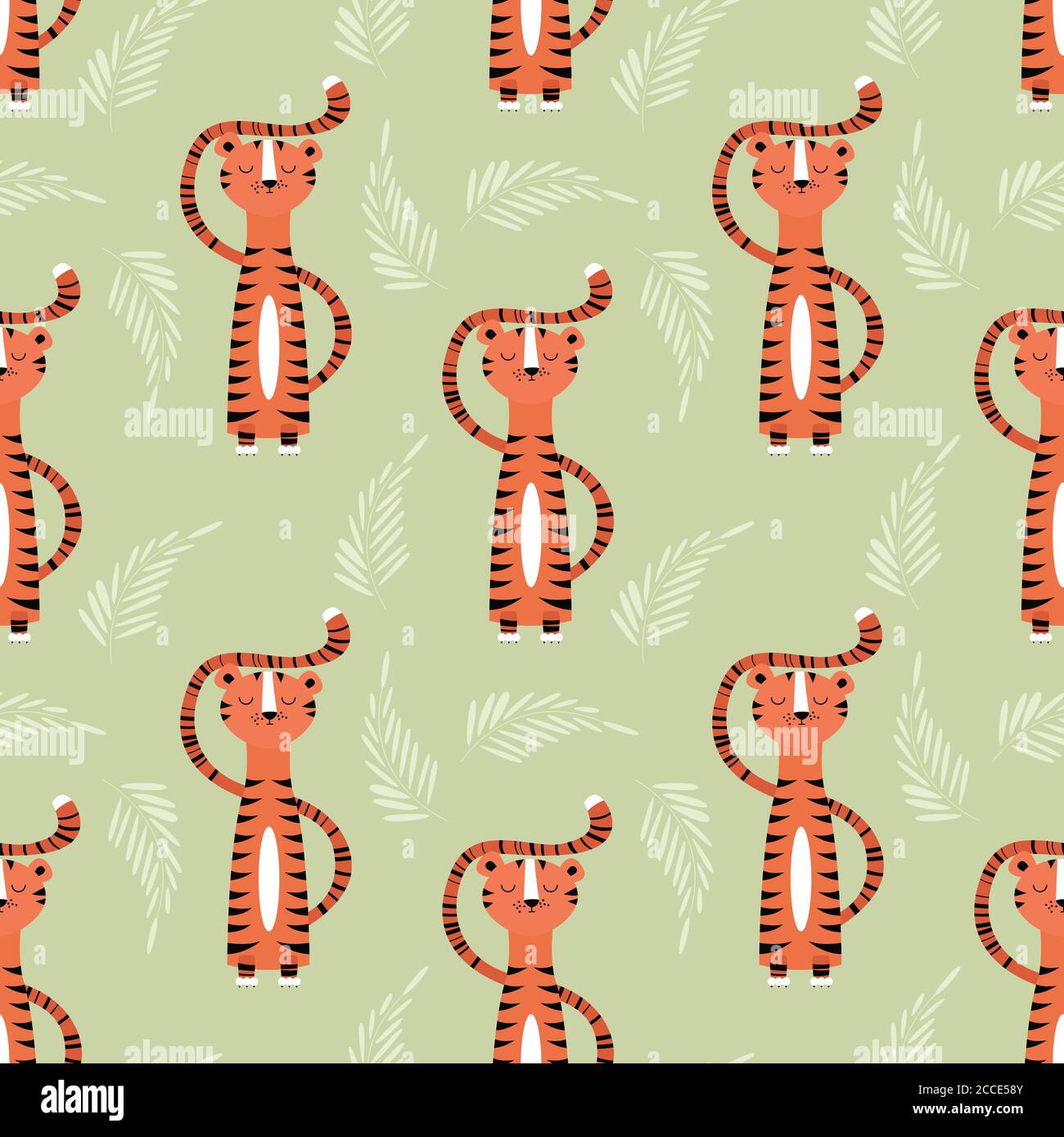 Seamless pattern with cute jungle orange tiger, vector illustration Stock Vector