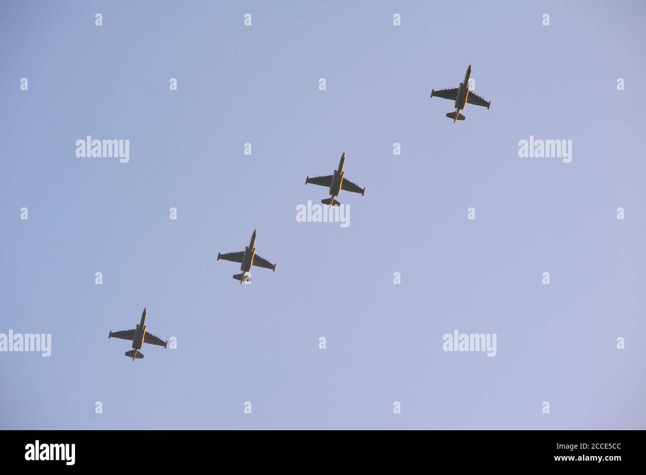 Warplanes air fighters flying in a sky, military parade Stock Photo