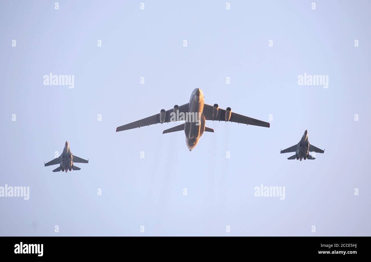Warplanes flying in a sky, military parade Stock Photo