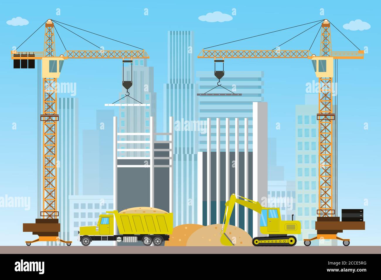 Construction site,crane and construction machinery,flat vector illustration Stock Vector