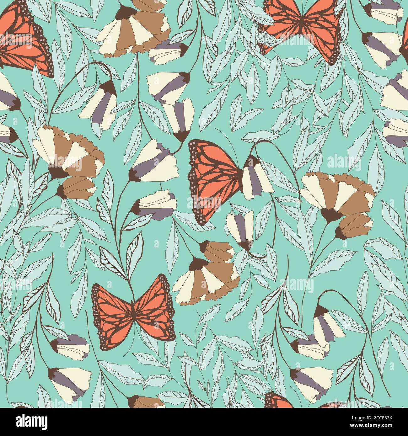 Vector traditional seamless pattern with Monarch butterflies, floral ...