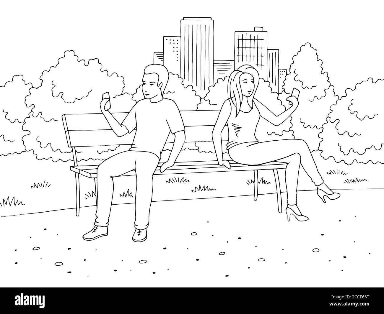 Man and woman sitting on a bench and looking at the phone park graphic black white landscape sketch illustration vector Stock Vector