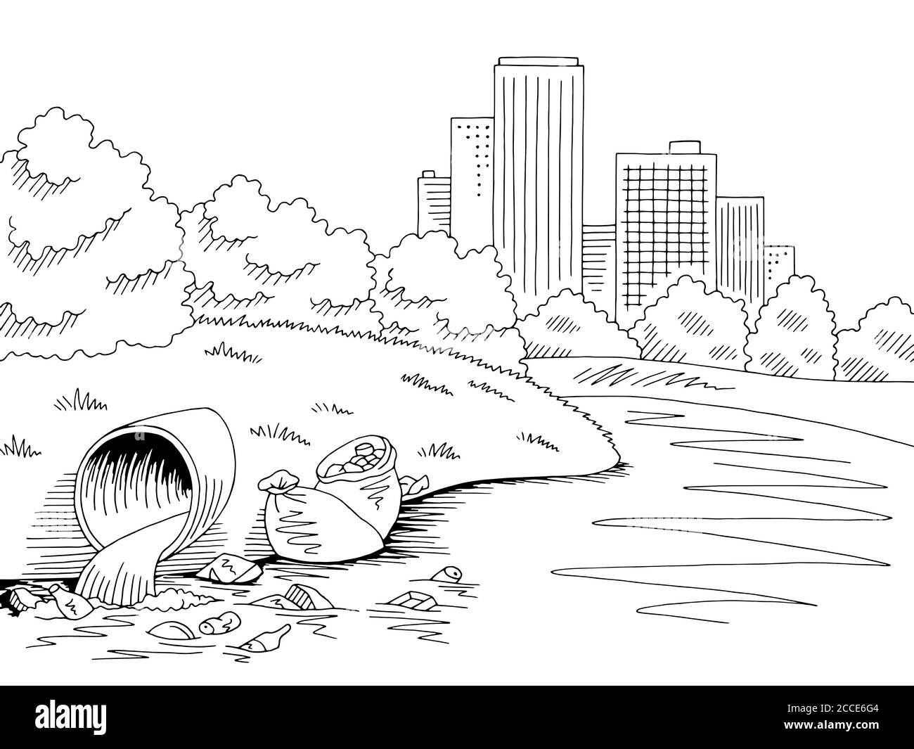 Garbage in nature park graphic black white river ecology problem landscape sketch illustration vector Stock Vector