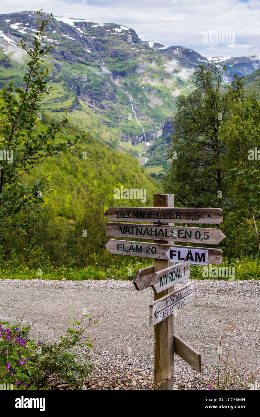 Magnificent summer views in of the railway and a Hiking road connecting the FLAM and MURDAL. Most beautiful train journeys in the world and is one of Stock Photo