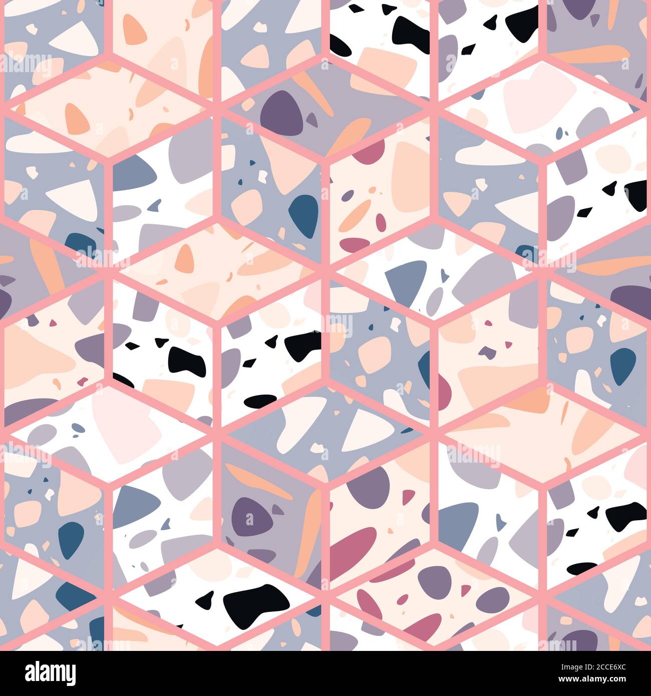 Terrazzo seamless pattern design with hand drawn rocks with honeycomb ...