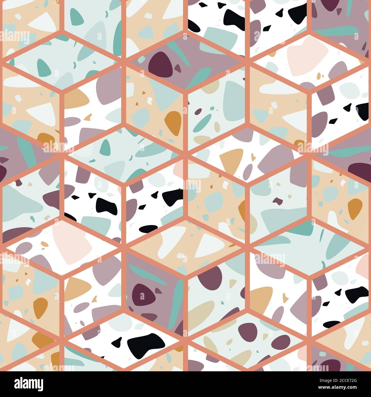 Terrazzo seamless pattern design with hand drawn rocks with honeycomb ...