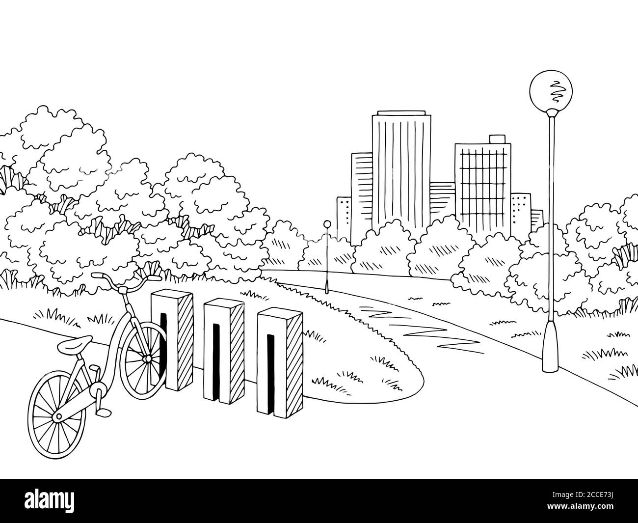 Bike rental parking park graphic black white city landscape sketch illustration vector Stock Vector