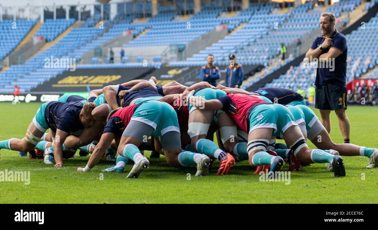 Ricoh Arena, Coventry, West Midlands, England; 21st Aug 2020. English Gallagher Premiership Rugby, Wasps versus Worcester Warriors; The Worcester Warriors practice scrummage before the Gallagher Premiership Rugby match between Wasps and Worcester Warriors at Ricoh Arena on August 21st 2020 in Coventry England Credit: Action Plus Sports Images/Alamy Live News Stock Photo
