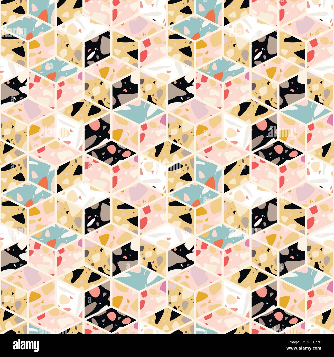 Terrazzo seamless pattern design with hand drawn rocks with honeycomb ...