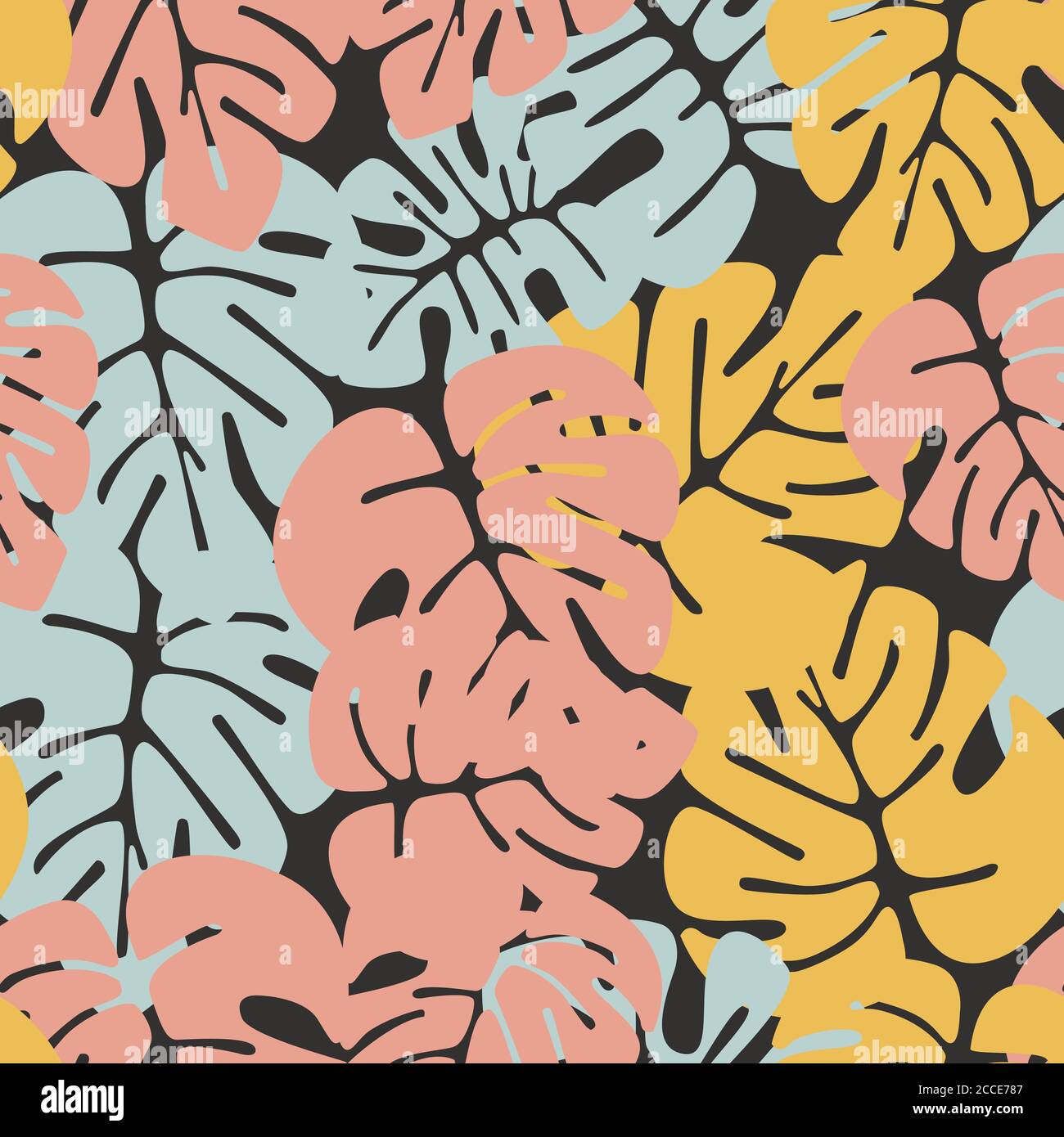 Summer seamless tropical pattern with colorful monstera palm leaves on ...