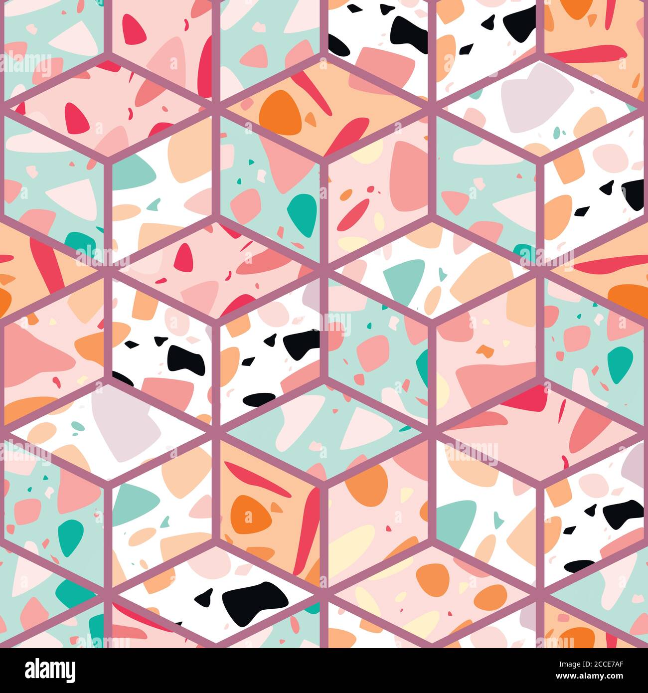 Terrazzo seamless pattern design with hand drawn rocks with honeycomb ...