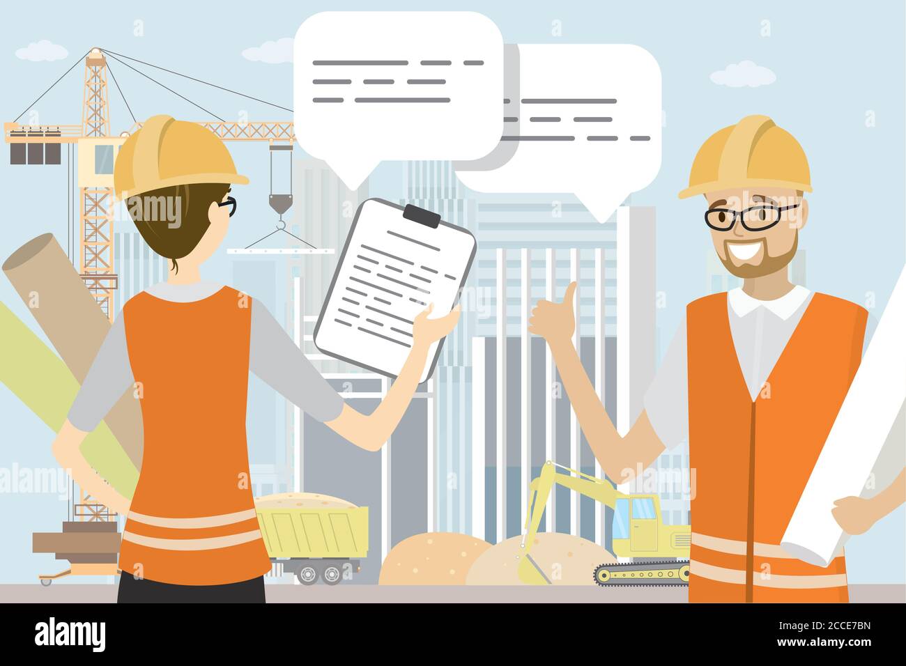 Two engineers are talking,Construction site,crane,construction machinery on background,flat vector illustration Stock Vector