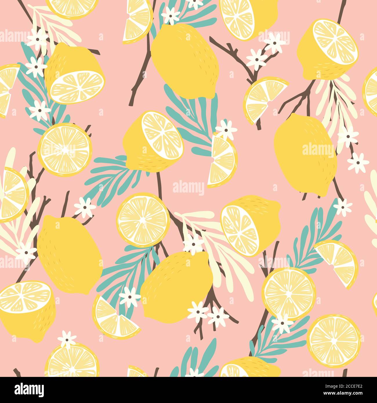 Fruit seamless pattern, lemons with branches, tropical leaves and ...
