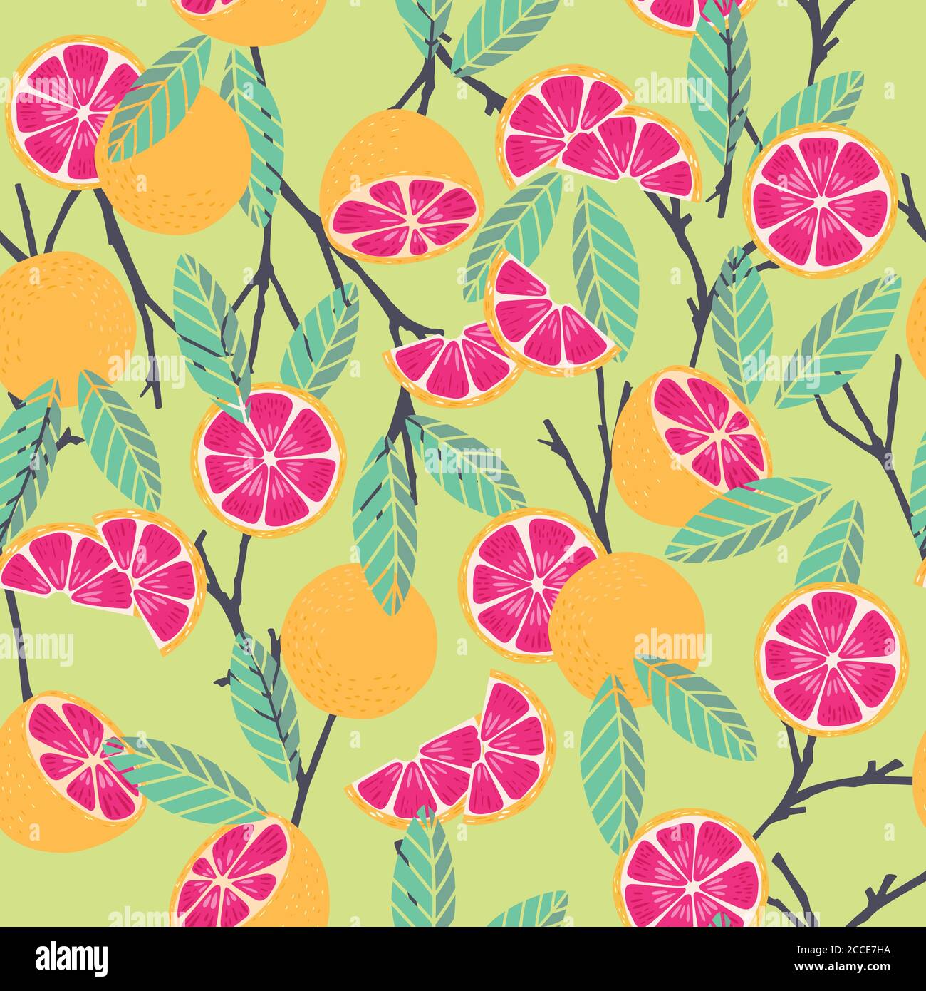 Fruit seamless pattern, grapefruit with branches and leaves on mint ...